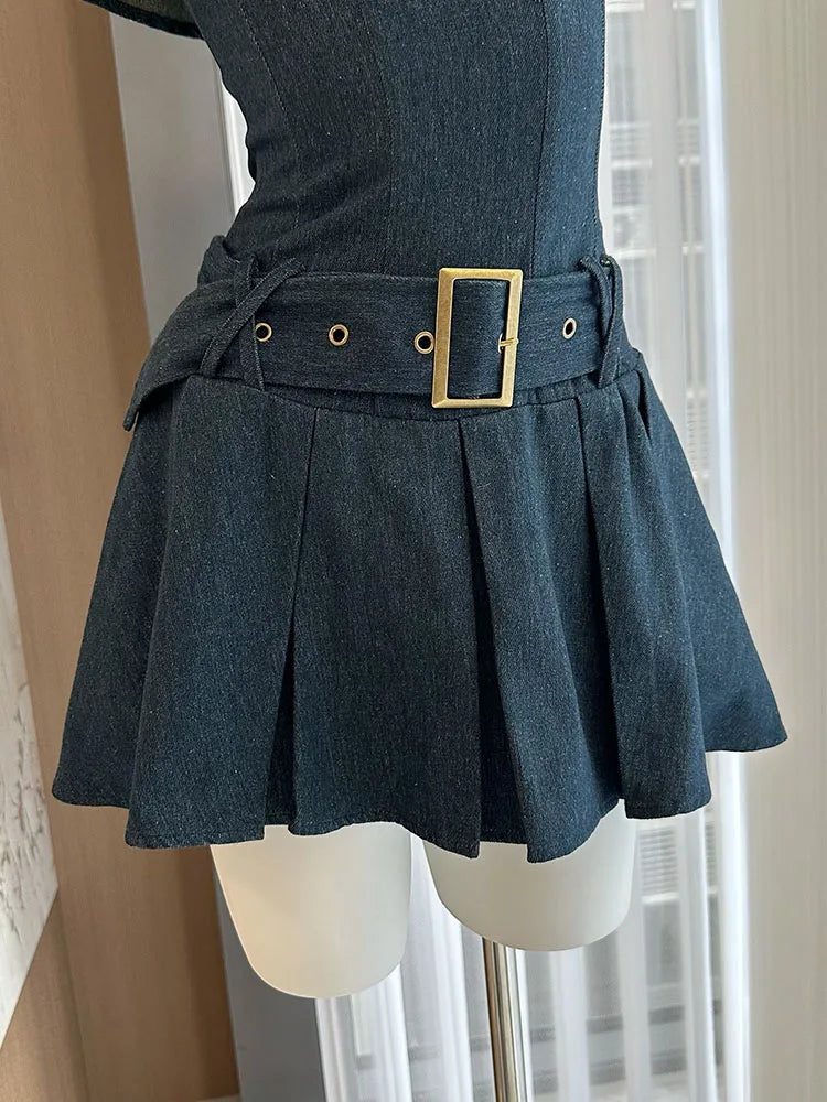 Summer Ballet Core Mini Denim Dress Women 2000s Slash Neck Frocks With Belt Party Old Money Prom Gown One-Piece Coquette Gyaru