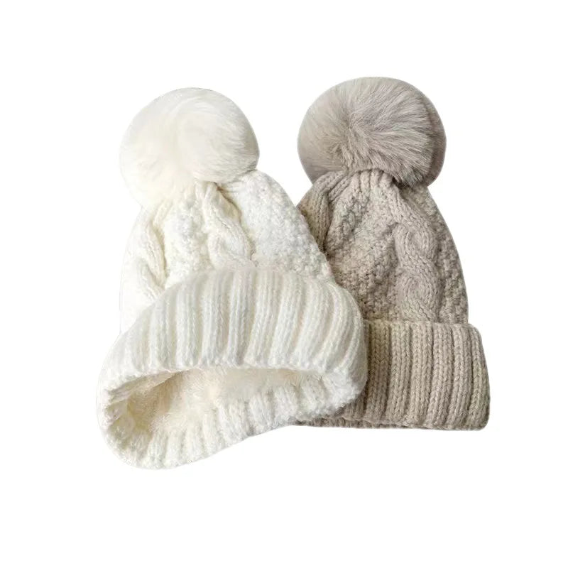 New Winter Twist Knitting Hat For Women Fur Pompom Thick Plush Cap Beanie Solid Color Ladies Warm Ski Snow Skullies Beanies