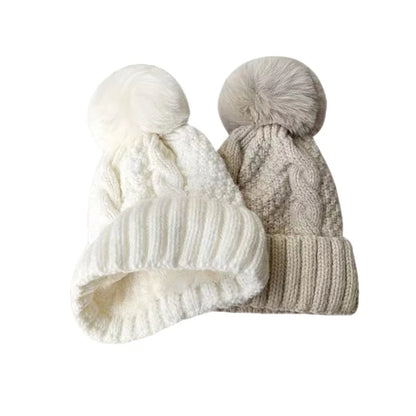 New Winter Twist Knitting Hat For Women Fur Pompom Thick Plush Cap Beanie Solid Color Ladies Warm Ski Snow Skullies Beanies