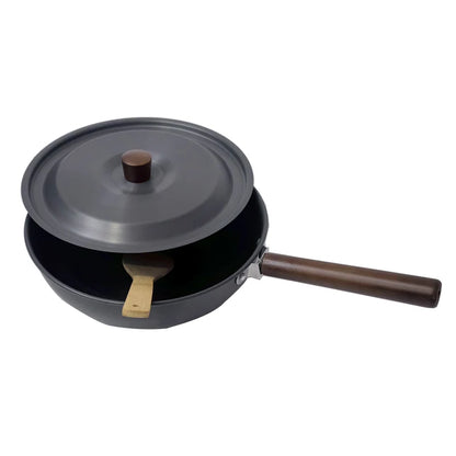 Aluminum Camping Wood Handle Wok Cookware, Outdoor Tableware, Picnic BBQ Cooking, Tourism, Kitchen Equipment, 3-4 Persons