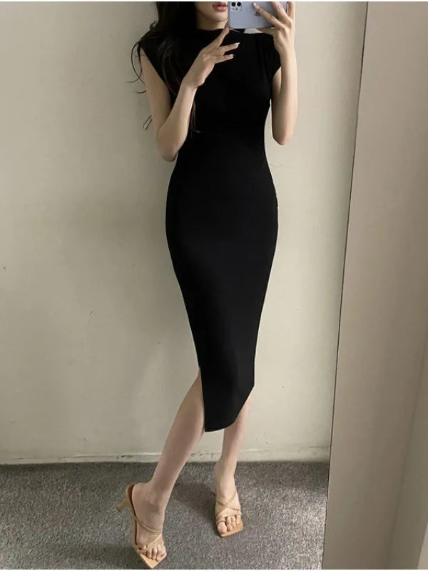 Summer New Short Sleeve Women Folds Casual Charm Slim Fit High Waist Split Long Christmas Dress Sexy Wrap Hip Gentle Solid W9YK