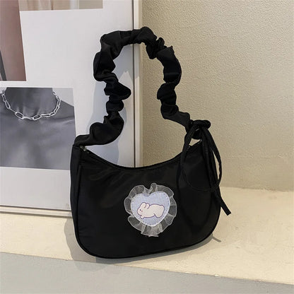 Shoulder Bags Women Nylon Cartoon Rabbit Sweet Lovely Girls All-match Pleated Strap Lace Underarm Zipper Fashion Brand Ins Retro