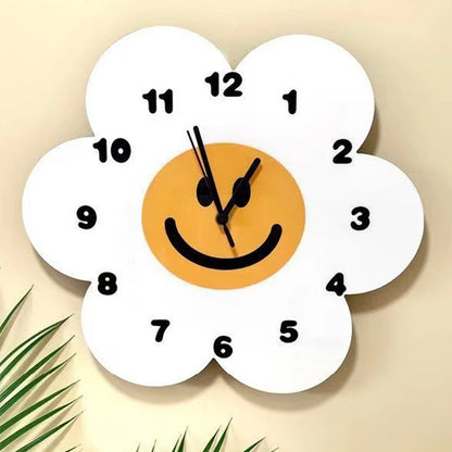 White Flower Shape Smiley Wall Clocks Fashion Cartoon Digital Mute Clock For Kids Modern Living Room Bedroom Home Decoration