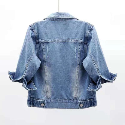 New Autumn Korean Casual Cotton Jean Jacket for Women, featuring Three Quarter Sleeves. Perfect Streetwear Camisole Top Coats for Office Ladies