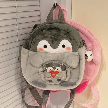 Transparent Plush Penguin Backpack with Pendant Large Capacity Children Schoolbag Coin Purse JK Lolita Cartoon Doll Bag Gift