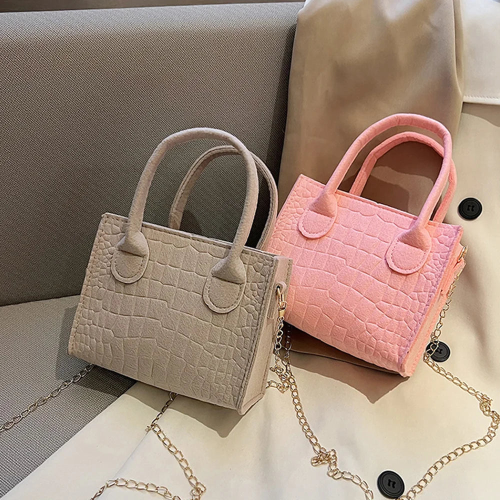 Women's Felt Small Square Bag Popular Stone Trendy Texture Mini Tote Chain Handbags 2024 New Fashion Lady Shoulder Messenger Bag