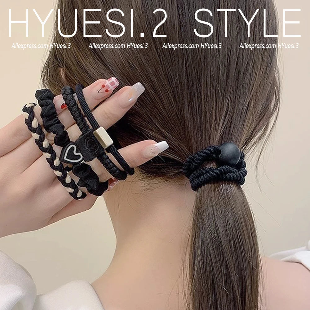 5pcs/Set Simple Heart Ball Charms Scrunchie No Damage Elastic Braided Hair Ties Ropes Women Girls Ponytail Holder Rubber Bands