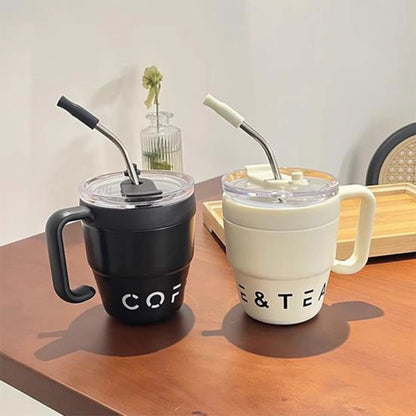 Coffee Cup with Straw Lid Stainless Steel Thermos Mug for Hot Cold Drinks Water Tea Milk Office Outdoor 480ML Portable Bottle