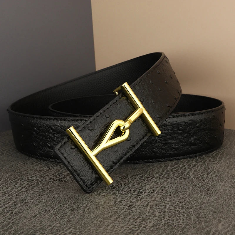 High Quality Gray 3.8CM Wide Genuine Leather Slide Buckle Letter Designer Belts Men Brand Luxury Young Men Jeans Ceinture Homme