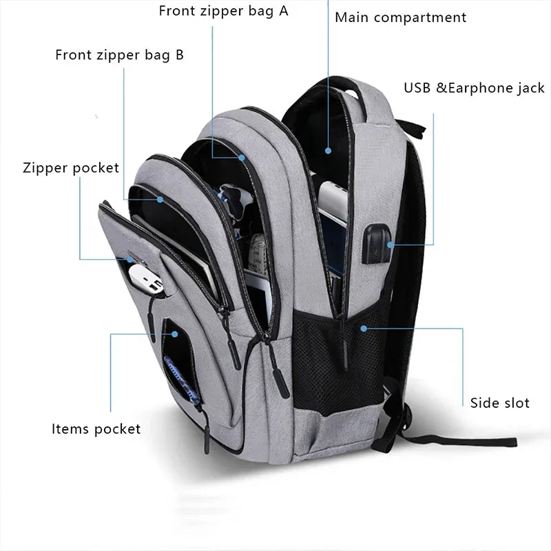 This large capacity backpack is designed for men, featuring a solid black Oxford fabric. Suitable for high school and college students, it accommodates laptops up to 15.6 inches.