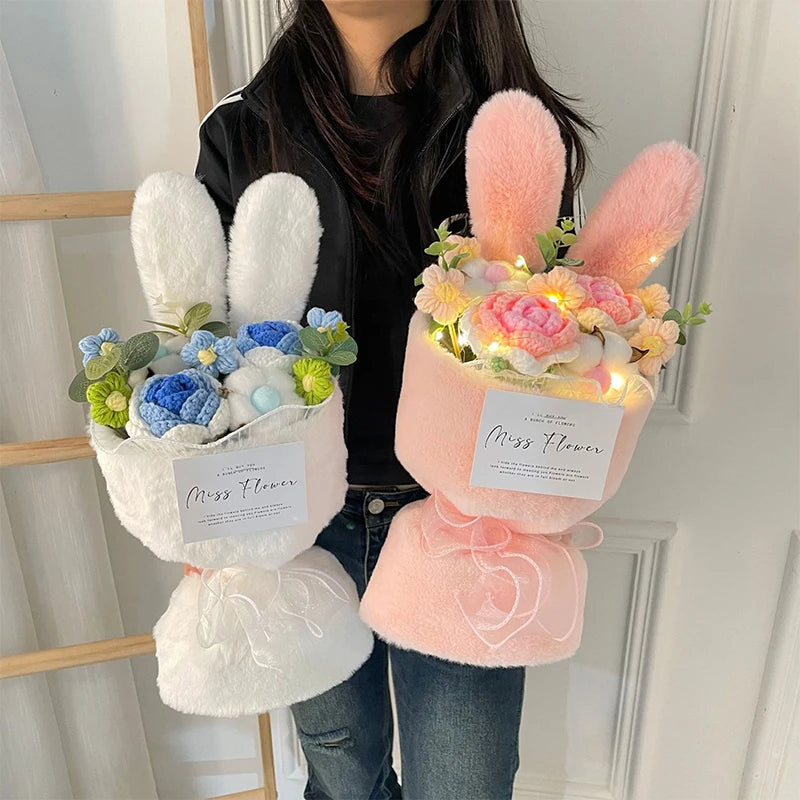 Artificial Roses Knitted Bouquet Handmade Wool Rabbit Ears Holding Bouquets Christmas Valentine Mothers' Day Birthday Gifts