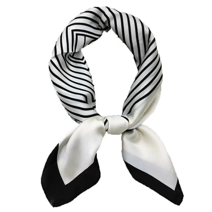 Square Imitation Silk Scarf Black And White Striped Head Wrap For Women Multifunction Silk Feeling Neckerchief