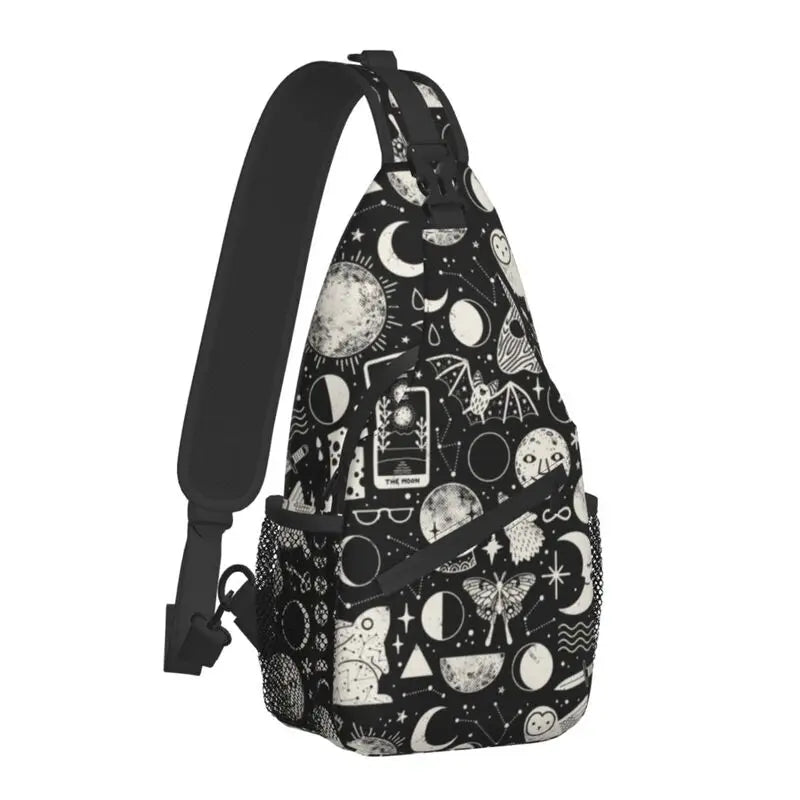 Celestial Space Lunar Pattern Sling Chest Bag Halloween Witch Shoulder Crossbody Backpack for Men Cycling Camping Daypack