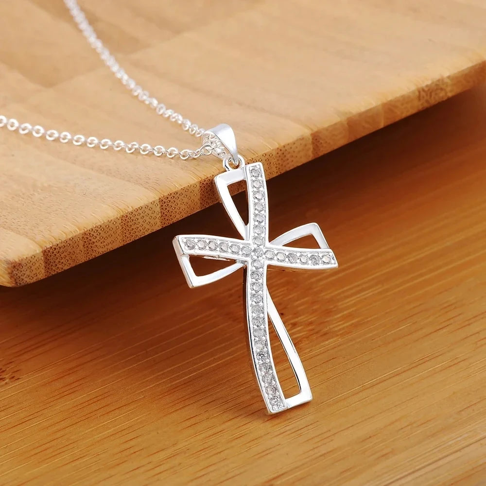 Promotions 45cm 925 sterling silver necklace charm for women cyrstal Cross pendant chain jewelry fashion cute wedding party