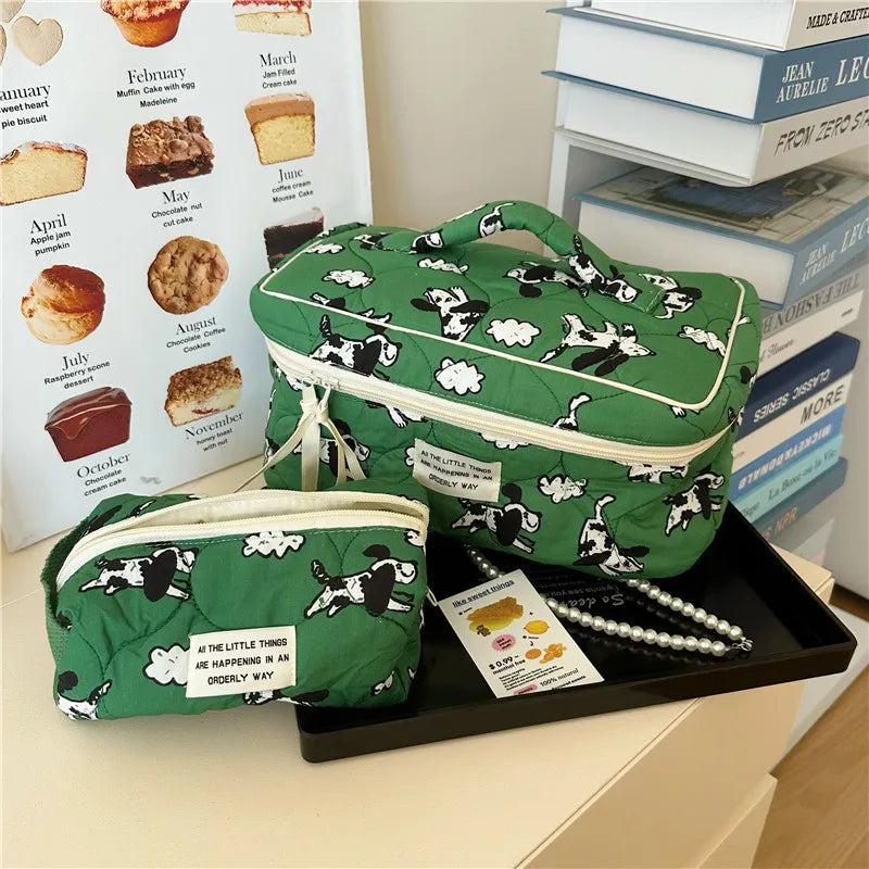 Cute Dog Sheep Pattern Cotton Wash Bag Flap Storage Bags Portable Soft Large Capacity Makeup Pouch with Zipper