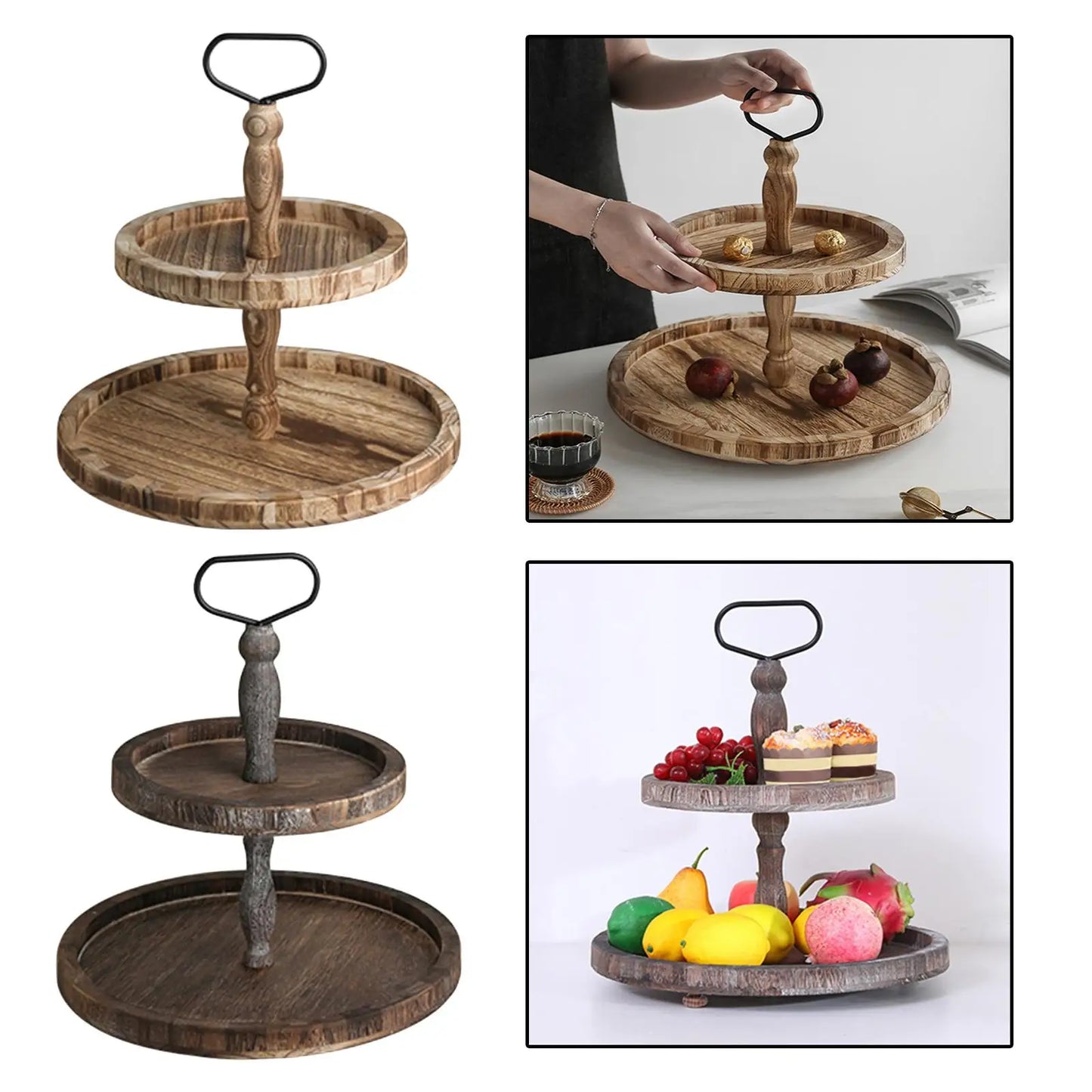 Multifunctional Round Wooden 2-Tier Serving Tray Stand Cake Candy Snack Dessert Storage for Home Table Decorative