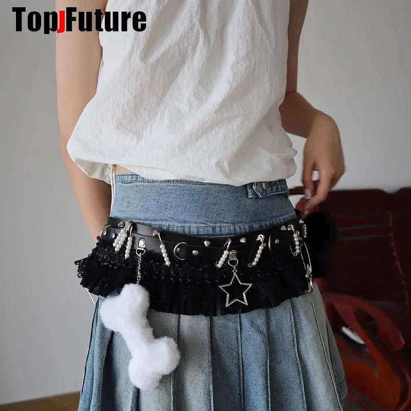 Women HAND MAKE Gothic Lolita Punk Harajuku full of pendants belt princess Y2K girl Millennium Spicy Girl heart star lace belt