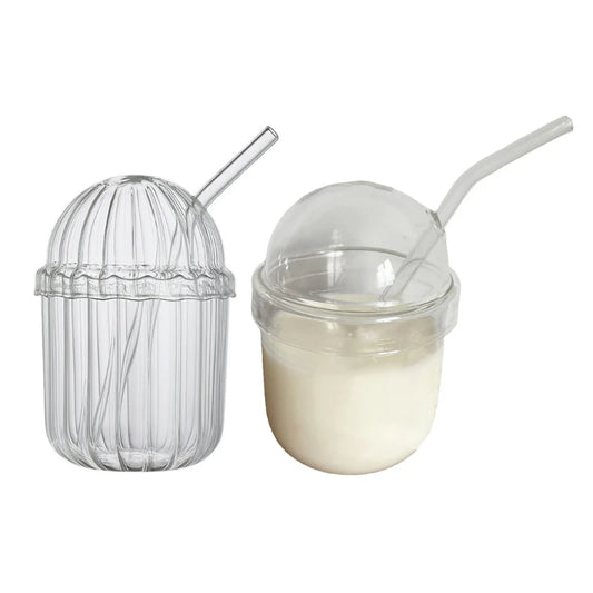 Glass Drinking Cup with Straw Large Capacity Coffee Milk Water Tumblers Heat Resistant Clear Drinking Glasses Durable