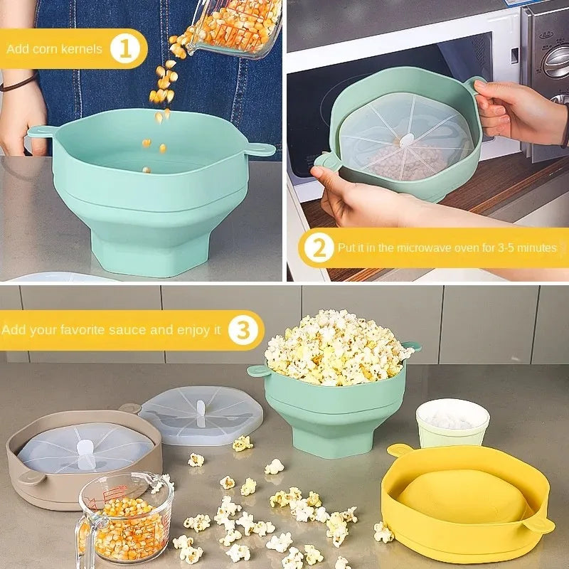 Silicone Microwave Popcorn Bowl Folding Popcorn Maker with Lid Bucket Large Capacity Popcorn Kitchen Baking Tools