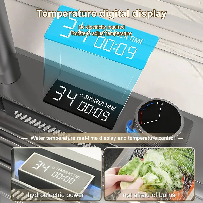 Grand évier de cuisine simple en acier inoxydable avec affichage numérique et cascade tactile multifonction, doté d'un design de bassin à vaisselle