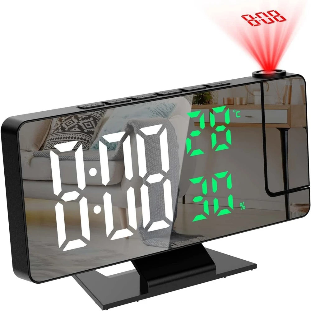 180° Arm Projection Digital Alarm Clock Temperature Humidity Night Mode Snooze 12/24H USB Plug-in Projector Table LED Clock