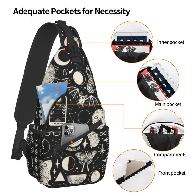 Celestial Space Lunar Pattern Sling Chest Bag Halloween Witch Shoulder Crossbody Backpack for Men Cycling Camping Daypack