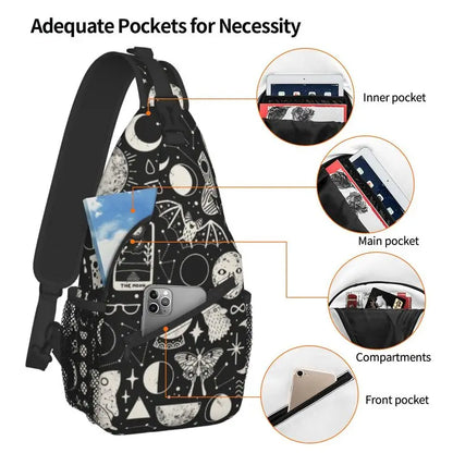 Celestial Space Lunar Pattern Sling Chest Bag Halloween Witch Shoulder Crossbody Backpack for Men Cycling Camping Daypack