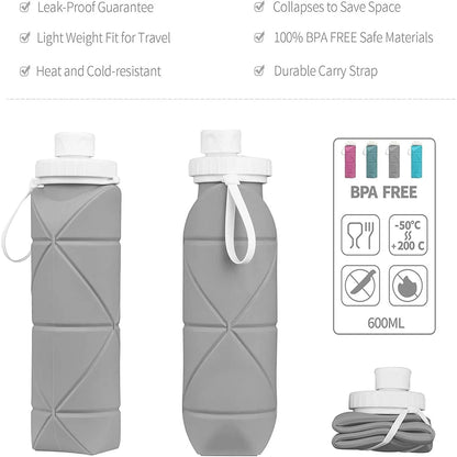 600ML Silicone Folding Water Cup Collapsible Water Bottles Foldable Travel Gym Camping Hiking Leakproof Sports Kettle Drinkware