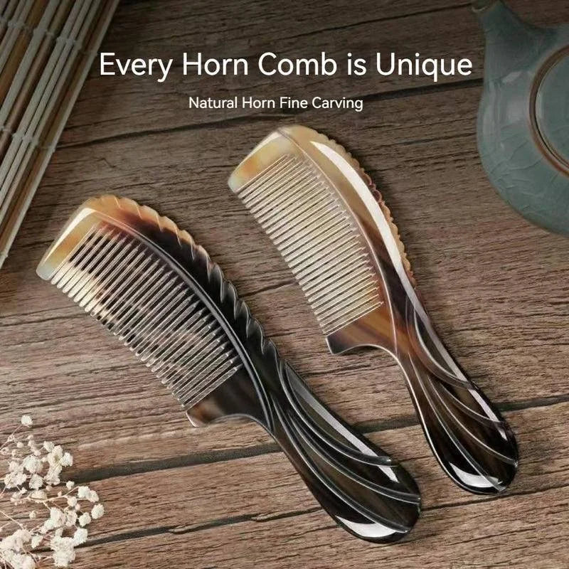 Handmade Natural Ox Horn Comb Anti Static Buffalo Combs Handle Professional Detangling Massage Fine Tooth Comb