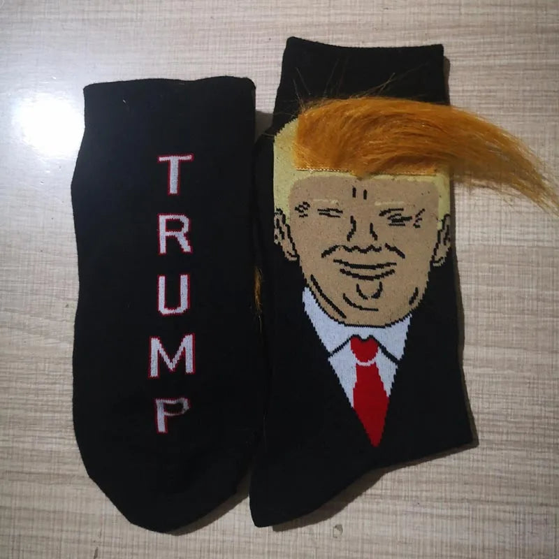 Spoof Funny President Donald Trump Socks With 3D Fake Hair Crew Socks Mens Compression Socks Streetwear Hip Hop