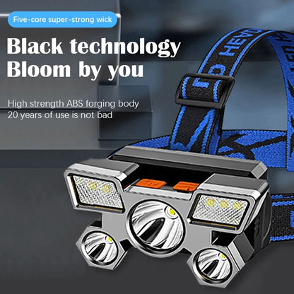 Powerful LED Headlamp USB Rechargeable Waterproof 5 Heads Headlamp Flashlight for Outdoor Camping Adventure Hiking Emergency