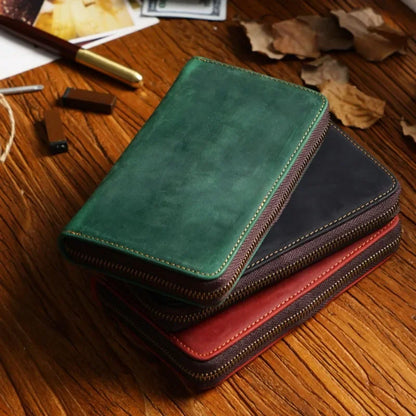 Zipper Retro Pen Pouch Leather Pencil Case Cowhide Men Pencil Bag with Pen Slots for School Students Large Capacity Pencil Bag