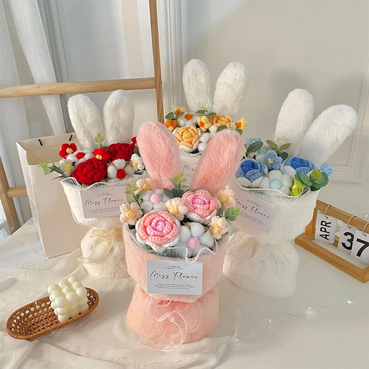 Artificial Roses Knitted Bouquet Handmade Wool Rabbit Ears Holding Bouquets Christmas Valentine Mothers' Day Birthday Gifts