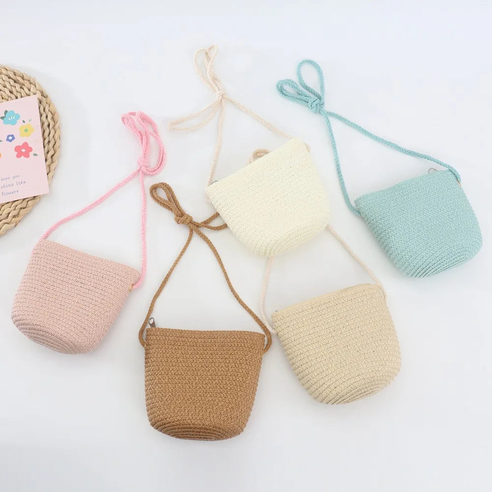 New Spring Children Girls Shoulder Bag Creative Pure Color Straw Messenger Bag For Kids Coin Purse Cute Princess Mini Handbags