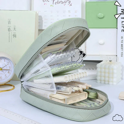 Portable Pen Box PU Pencil Case Extra Large Capacity Pencil Bag Multi-layer Pencil Pouch Stationery Storage Bag School Supplies