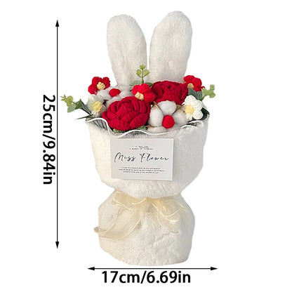 Artificial Roses Knitted Bouquet Handmade Wool Rabbit Ears Holding Bouquets Christmas Valentine Mothers' Day Birthday Gifts