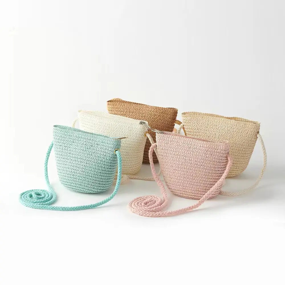 New Spring Children Girls Shoulder Bag Creative Pure Color Straw Messenger Bag For Kids Coin Purse Cute Princess Mini Handbags