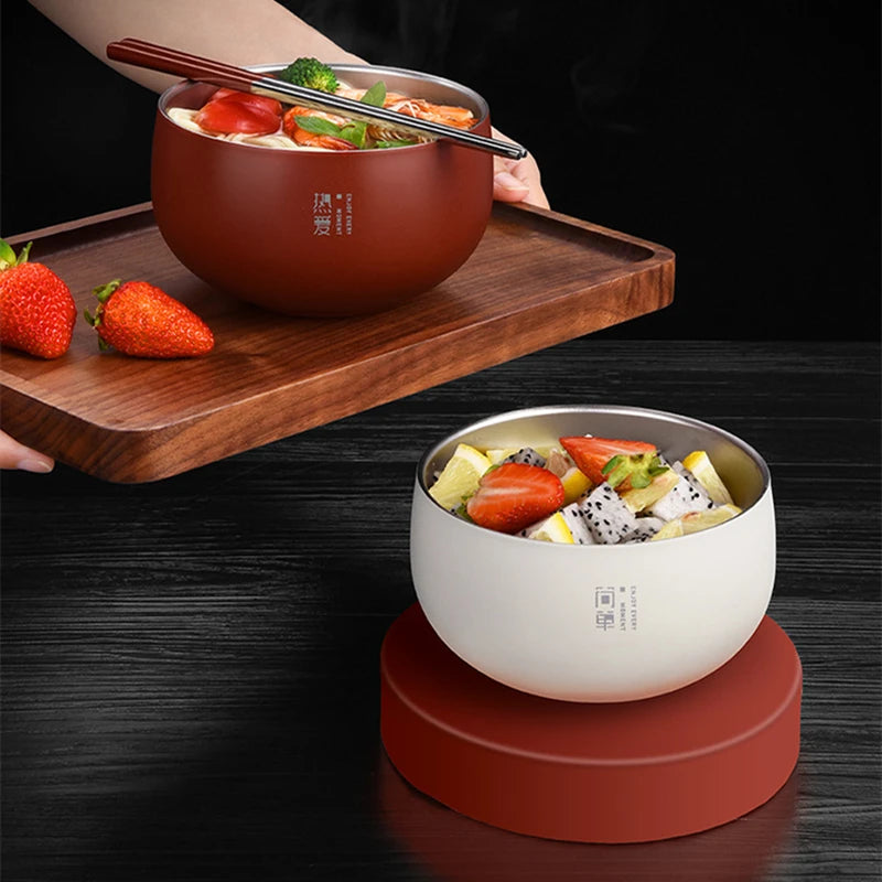 Japanese Style Rice Soup Bowl Stainless Steel Double Layer Food Dinner Container for Fruit Ramen Noodles Anti-scald Tableware