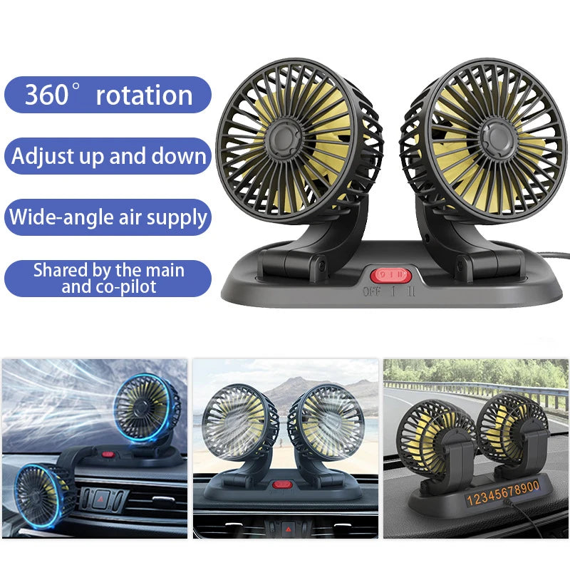 Summer Car Fan USB Plug and Play Portable Mini Powerful Double-Head Fan Adjustable Strong Wind 2 Gears Heat Dissipation Car Fan