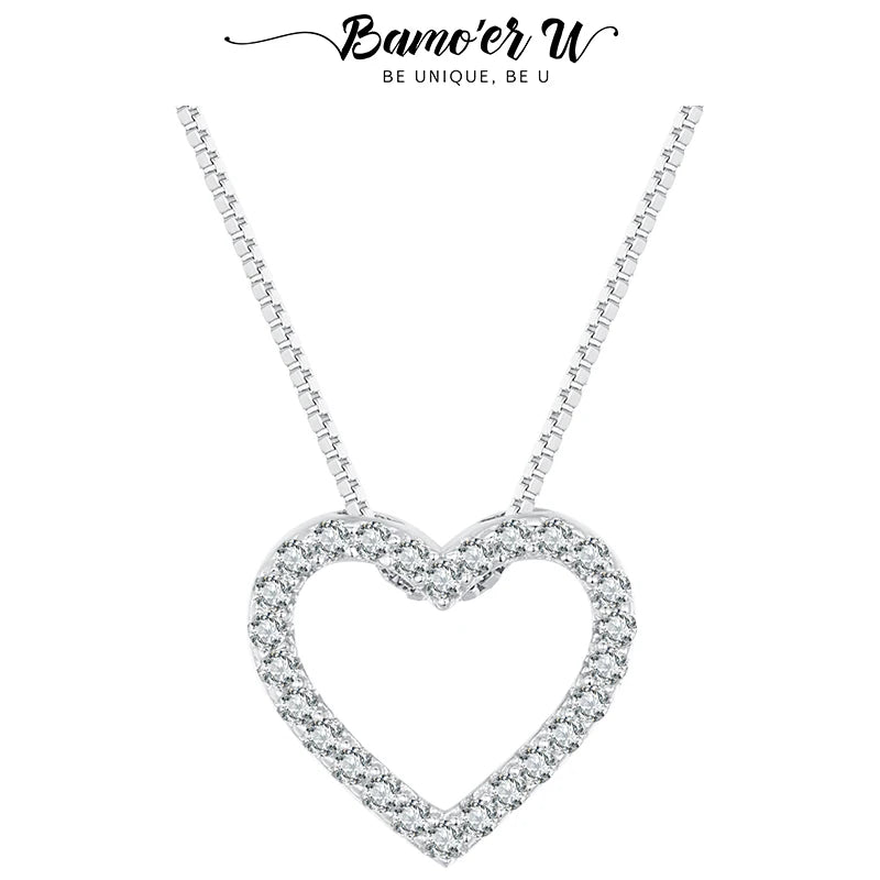 Bamoer U Heart Shape Moissanite Pendant Necklace Minimalist Full Gemstone Neck Box Chain for Women Shining Gift Adjustable