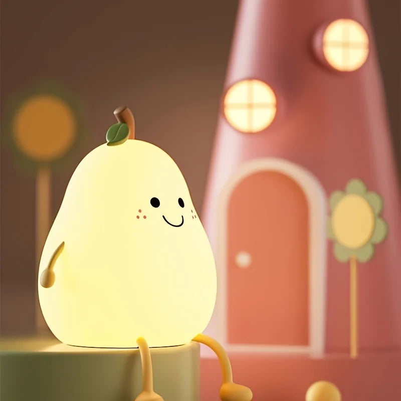 Creative Mini Cute Cartoon Pear Shaped Pat Light Bedroom Lamp Soft Silicone Rechargeable Night Light for Kids