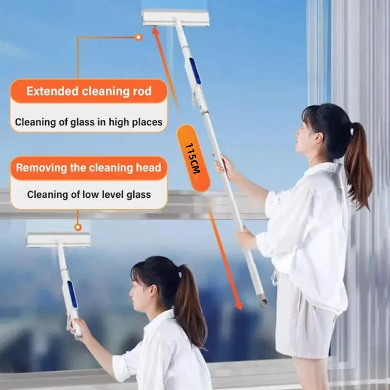 Extended Window Cleaning Tool Double-sided Spray Glass Cleaner Mop with Silicone Scraper Window Cleaning Brush Household Cleanin