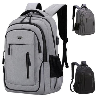 This large capacity backpack is designed for men, featuring a solid black Oxford fabric. Suitable for high school and college students, it accommodates laptops up to 15.6 inches.