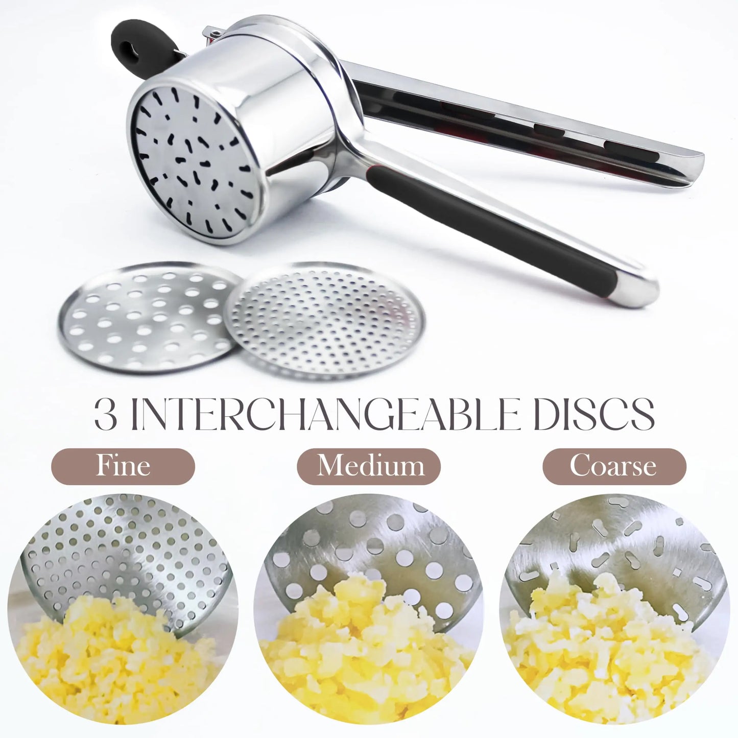 Heavy Duty Potato Masher With 3 Interchangeable Discs,Potato Ricer Stainless Steel For Fluffy Mashed Potato,Spaetzle Maker Mill