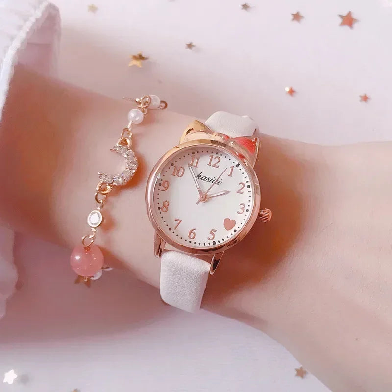 2023 Fashion Kids Love Digital Dial Children Watch Set Leather Strap Quartz Watches Kid Girls Clock Children Watch + Bracelet