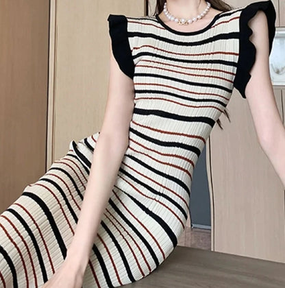 JXMYY Summer New Fashion Elegant Temperament Slimming Striped Color Collision Dress Fashion Sleeveless Bag Buttock Women's Wear