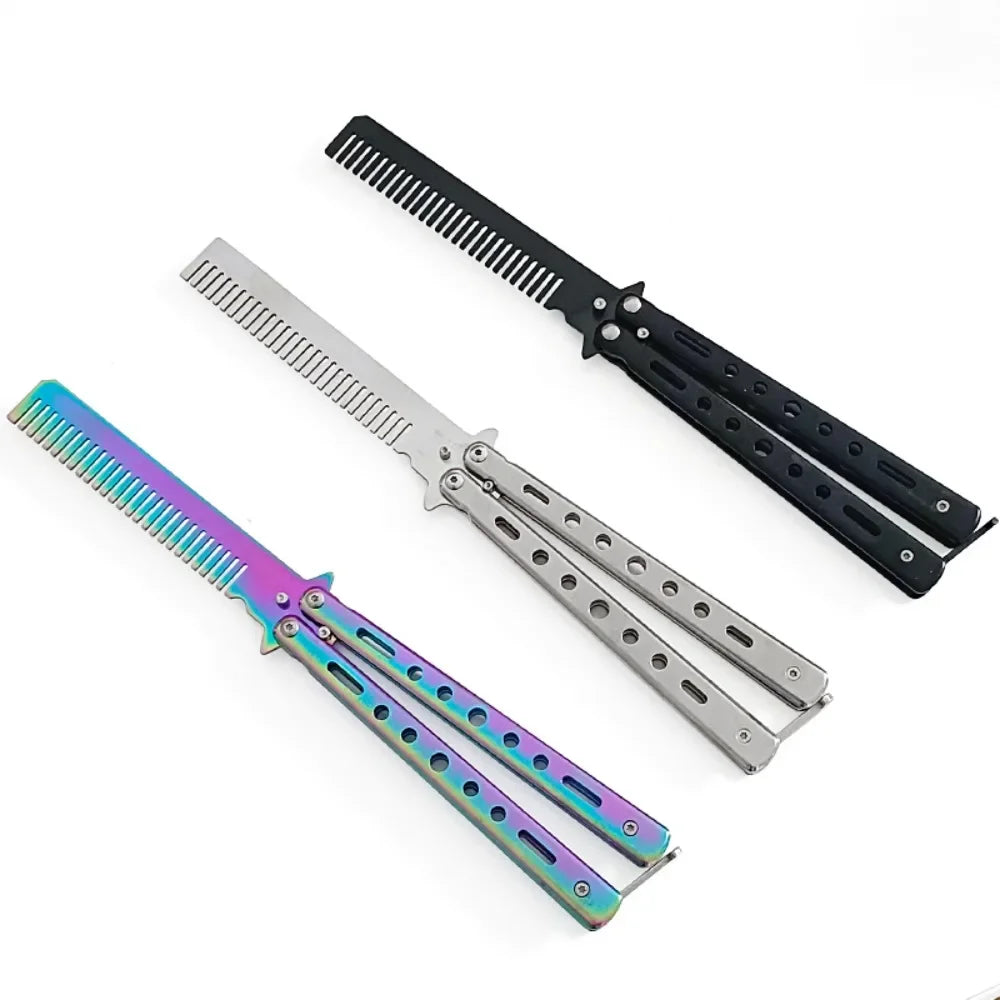 1pc Foldable Comb Stainless Steel Practice Training Butterfly Knife Comb Moustache Beard Comb Salon Hairdressing Styling Tools