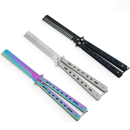 1pc Foldable Comb Stainless Steel Practice Training Butterfly Knife Comb Moustache Beard Comb Salon Hairdressing Styling Tools