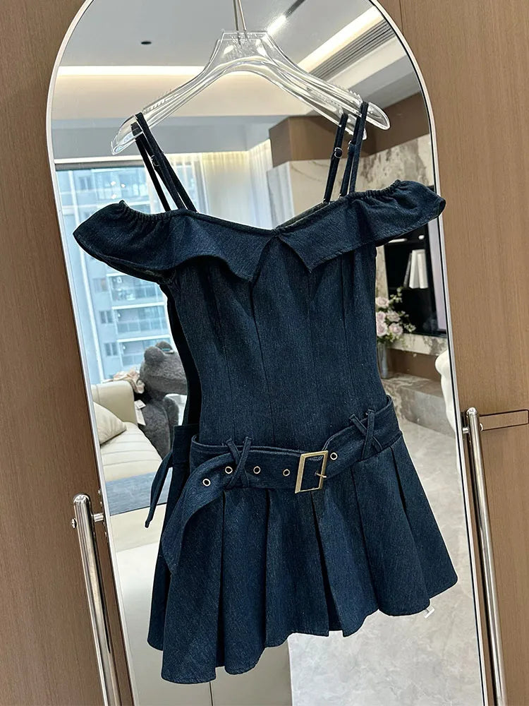 Summer Ballet Core Mini Denim Dress Women 2000s Slash Neck Frocks With Belt Party Old Money Prom Gown One-Piece Coquette Gyaru