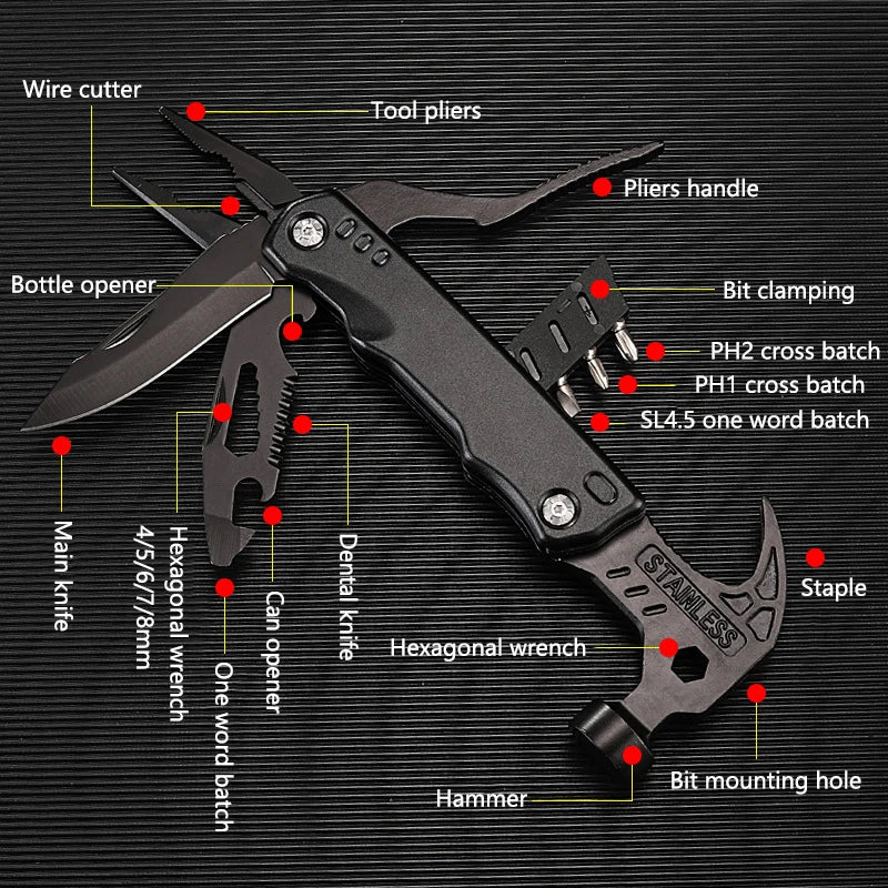 Cet outil multifonctionnel combine une clé, un marteau, une pince pliante et d'autres éléments essentiels EDC dans un seul emballage pratique. C'est un outil manuel polyvalent adapté à diverses tâches.